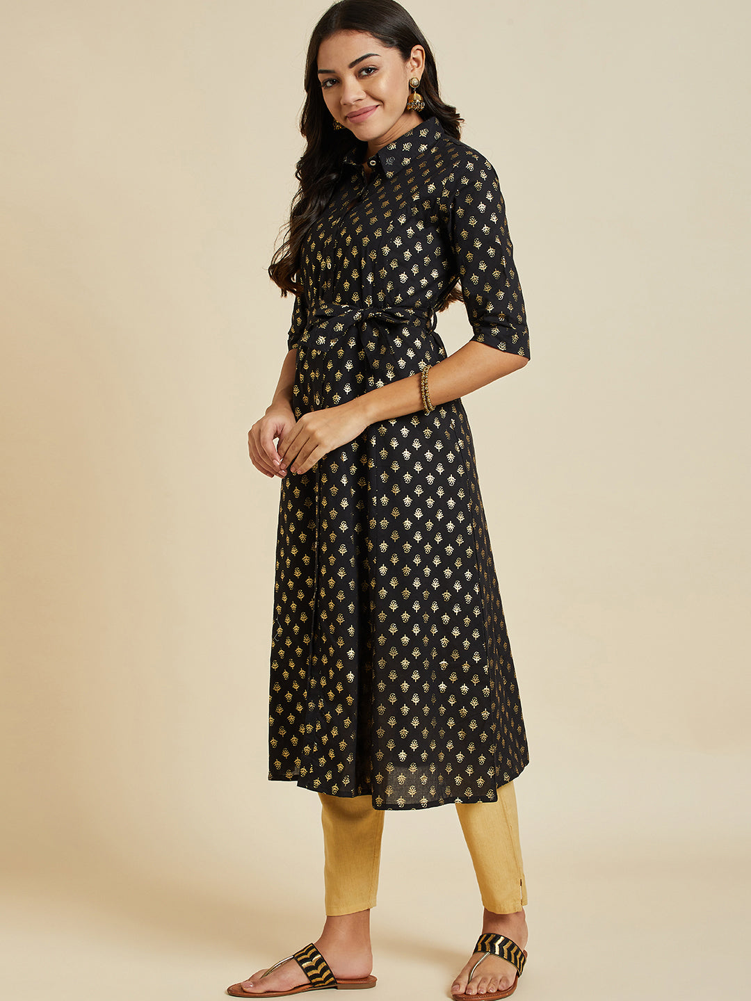 Black A-Line Kurti with Printed Front Pattern – Drida